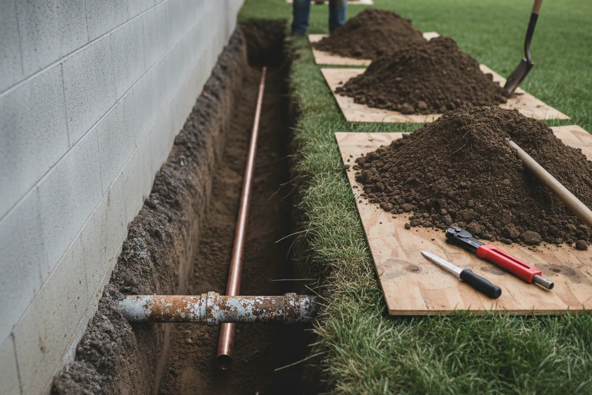 Excavated water line trench during Water Softener Installation in Sagamore Beach